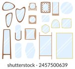 Asymmetrical, irregular, full-length floor, wall and round mirrors. Mid-century vintage home decor collection isolated. Various mirror interior set. Retro modern hand drawn flat vector illustration