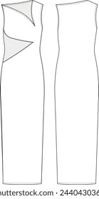 cuello asimétrico sin mangas recto cambio h línea largo maxi vestido cuello de corte bajo. plantilla dibujo técnico moda dibujo plano tarjeta de maqueta mujer