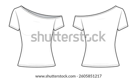 Asymmetrical Off-Shoulder blouse Technical Fashion Illustration. Fitted Tee Vector Template. Front and Back View. Short Sleeves. Casual Women’s Wear. CAD Mockup Set.