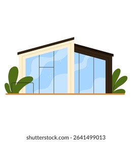 Asymmetrical roof tiny house with large glass walls and minimal design. Stylish eco-friendly  modular cabin. Sustainable architecture concept. Vector illustration in cartoon style. Isolated background