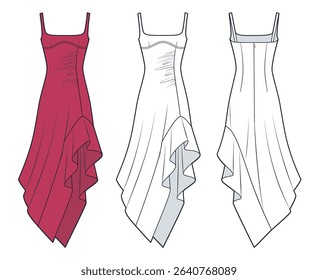 Asymmetrical Ruffle Hem Dress technical fashion illustration. Red maxi Dress fashion flat technical drawing template, square neckline, draped, back zipper, front, back view, white, women CAD mockup.