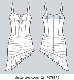 Asymmetrical Ruffle Hem Dress technical fashion illustration. Strap Dress fashion flat technical drawing template, draped, ruffle, tie, front and back view, white, back zipper, women Dress CAD mockup.