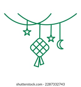 asymmetrical of set rice dumpling or ketupat with star and crescent moon with rope decoration for ramadan and eid celebration ornament outline vector illustration