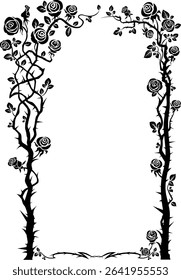 Asymmetrical silhouette arch of roses frame. An elegant frame with flowers and thorns. For book covers, invitations, greetings, and posters. Medieval, victorian, gothic style or castlecore