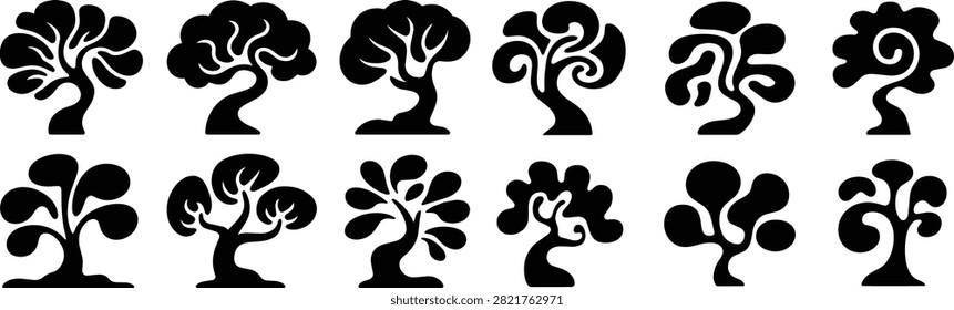 Asymmetrical Tree Structures Set with Creative Vector Botanical Shapes.