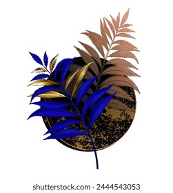 Asymmetrical, unusual, floral composition of gold and ultramarine, blue fern branch with black textured circle on white background. Fern branch.