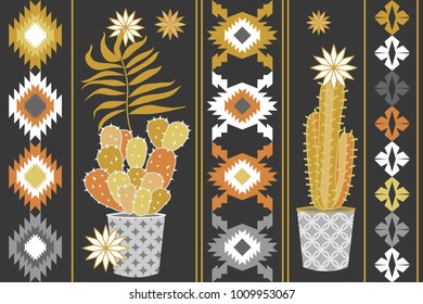 Asymmtric geometric pattern with Aztec motifs and cacti. Silver and golden palette.