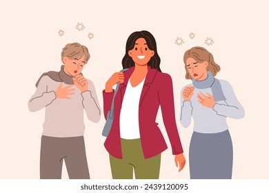 Asymptomatic woman carrying dangerous viral disease spreads flu among friends and colleagues. Asymptomatic infection has caused outbreak of dangerous pandemic that causes coughing and fever