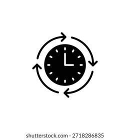 Symbol für die asynchrone Kooperationsuhr. Flexible Planung mit gestaffelten Pfeilen. Teamwork-Symbol für Zeitflexibilität.