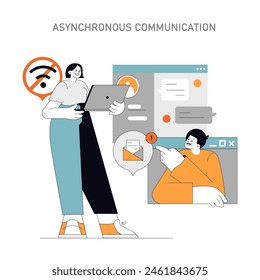 Asynchronous Communication concept Streamlining workflow with effective non-simultaneous exchanges Elevating efficiency in a connected world Vector illustration