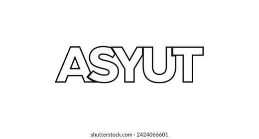 Asyut im ägyptischen Emblem für Druck und Web. Das Design zeichnet sich durch geometrischen Stil, Vektorgrafik mit gewagter Typografie in moderner Schrift aus. Grafische Slogan-Schrift einzeln auf weißem Hintergrund.