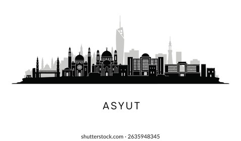 Asyut Egypt Skyline with Black Silhouette, and White.