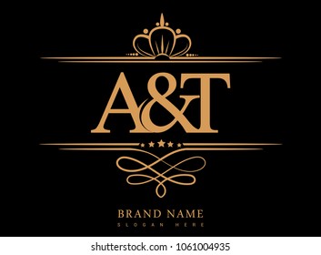 A&T Initial logo, Ampersand initial logo gold with crown and classic pattern