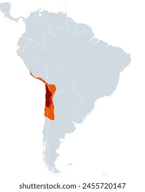 Desierto de Atacama, mapa político. Meseta desértica hiperárida, ubicada en la costa del Pacífico de Sudamérica, al norte de Chile, resaltada en rojo. Laderas áridas y estériles de los Andes resaltadas en naranja.