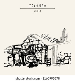 Atacama desert. Toconao village. Chile, South America. Hand drawn vintage postcard