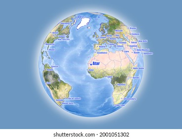 Atar-Mauritania is shown on vector globe map. The map shows Atar-Mauritania 's location in the world.