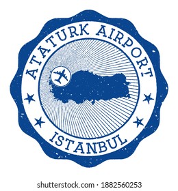 Ataturk Airport Istanbul stamp. Airport of Istanbul round logo with location on Turkey map marked by airplane. Vector illustration.