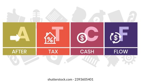 ATCF, After Tax Cash Flow acronym. Concept with keyword, people and icons. Flat vector illustration. Isolated on white.