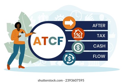 ATCF, After Tax Cash Flow acronym. Concept with keyword, people and icons. Flat vector illustration. Isolated on white.