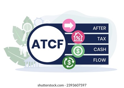 ATCF, After Tax Cash Flow acronym. Concept with keyword, people and icons. Flat vector illustration. Isolated on white.