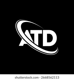 Logotipo de ATD. Diseño del logotipo de la letra ATD. Logotipo de ATD inicial vinculado con el círculo y el logotipo del monograma en mayúsculas. Tipografía ATD para tecnología, negocio y marca inmobiliaria.