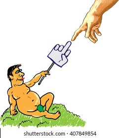 Ateist. The first person Adam shows indecent gesture to god. Vector cartoon 