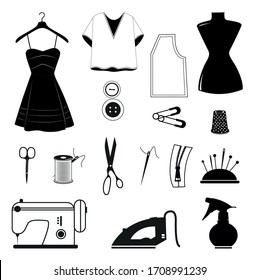 Atelie set of sewing icons in black color. Big collection of atelie vector symbols stock illustration isolated on white