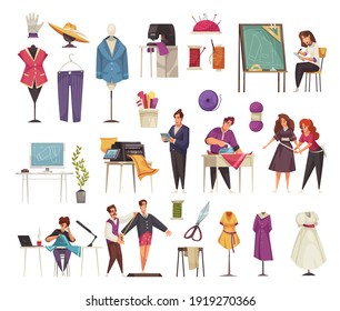 Atelier equipment clothing tailors and customers cartoon icons set isolated vector illustration