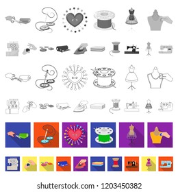 Atelier and equipment flat icons in set collection for design. Sewing of outer clothing vector symbol stock web illustration.