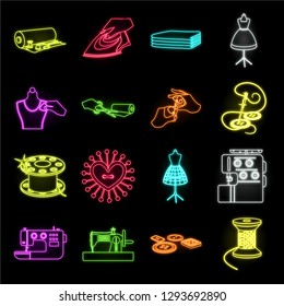 Atelier and equipment neon icons in set collection for design. Sewing of outer clothing vector symbol stock web illustration.