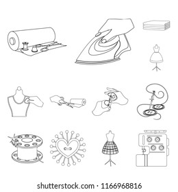 Atelier and equipment outline icons in set collection for design. Sewing of outer clothing vector symbol stock web illustration.