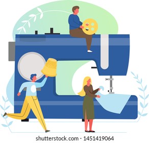 Atelier, garment factory, clothing workshop, vector flat style design illustration. Tiny characters woman seamstress sewing on big electric sewing machine, men holding button, thimble. Tailoring.