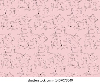 Atelier hand drawn seamless pattern. Sewing tools doodle background. Fashion illustration with sketch objects of sewing machine. Tailor Shop vector text, single black line drawing, pink background