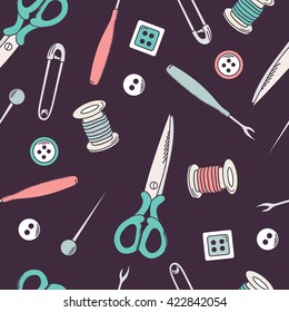Atelier hand drawn seamless pattern. Sewing tools doodle background vector. Sketch objects fashion illustration