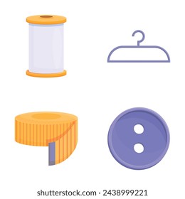 Atelier icons set cartoon vector. Thread spool, hanger, button and tape measure. Textile industry