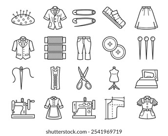 Atelier Icons Set in Line Style. Equipment for sewing collection. Needle, suit, Skirt, Thread, Scissors, Trousers, buttons, sewing machine, pins, sewing tools. Vector illustration