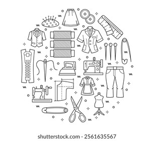 Atelier linear objects in a circular composition. Collection of equipment for sewing. Vector illustration