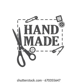 Atelier logo, hand drawn illustration. Scissors, pins, buttons and english text. Black and white emblem, background vector. Sewing studio, poster design