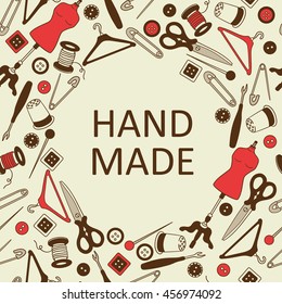 Atelier logo hand drawn seamless pattern vector. Sewing tools doodle background.  Fashion illustration with sketch objects