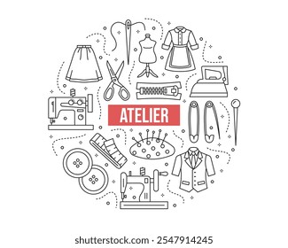 Atelier objects set in a circular composition in line style. Collection of vector equipment for sewing. Needle, suit, Skirt, Thread, Scissors, Trousers, buttons, sewing machine, pins