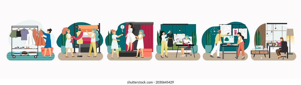 Atelier scene set, flat vector illustration. Dressmakers sewing clothes, making patterns. Tailor workshop studio service