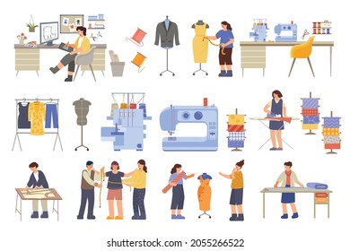 Atelier set of flat isolated icons with sewing machine mannequins working places and tailors taking measurements vector illustration