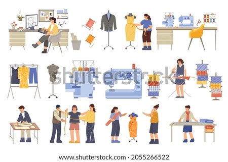 Atelier set of flat isolated icons with sewing machine mannequins working places and tailors taking measurements vector illustration
