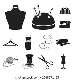 Atelier and sewing black icons in set collection for design. Equipment and tools for sewing vector symbol stock web illustration.