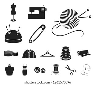 Atelier and sewing black icons in set collection for design. Equipment and tools for sewing vector symbol stock web illustration.