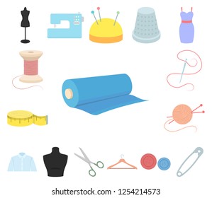 Atelier and sewing cartoon icons in set collection for design. Equipment and tools for sewing vector symbol stock web illustration.