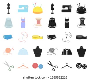 Atelier and sewing cartoon,black icons in set collection for design. Equipment and tools for sewing vector symbol stock web illustration.