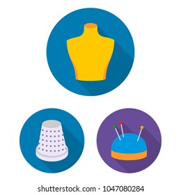 Atelier and sewing flat icons in set collection for design. Equipment and tools for sewing vector symbol stock web illustration.