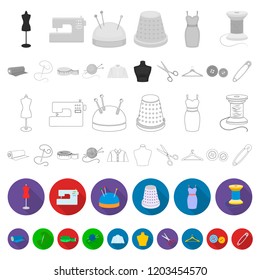 Atelier and sewing flat icons in set collection for design. Equipment and tools for sewing vector symbol stock web illustration.