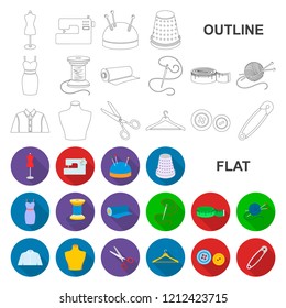 Atelier and sewing flat icons in set collection for design. Equipment and tools for sewing vector symbol stock web illustration.